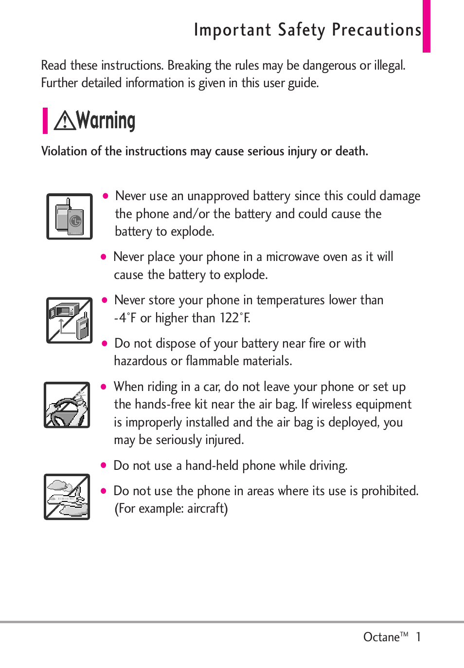 Important safety precautions, Do not use a hand-held phone while driving | LG Octane VN530 User Manual | Page 3 / 345