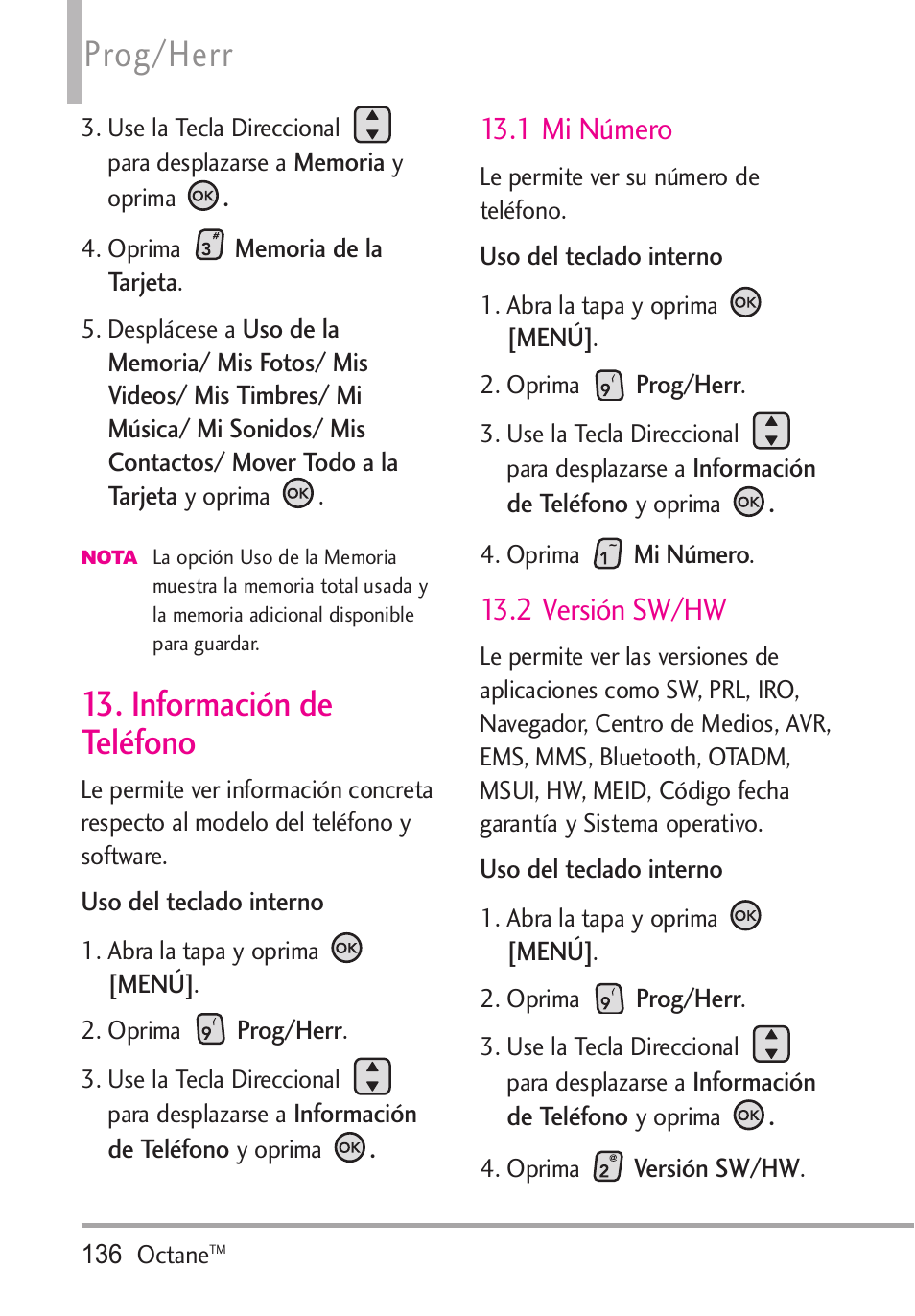 Información de teléfono, 1 mi número, 2 versión sw/hw | Prog/herr | LG Octane VN530 User Manual | Page 302 / 345