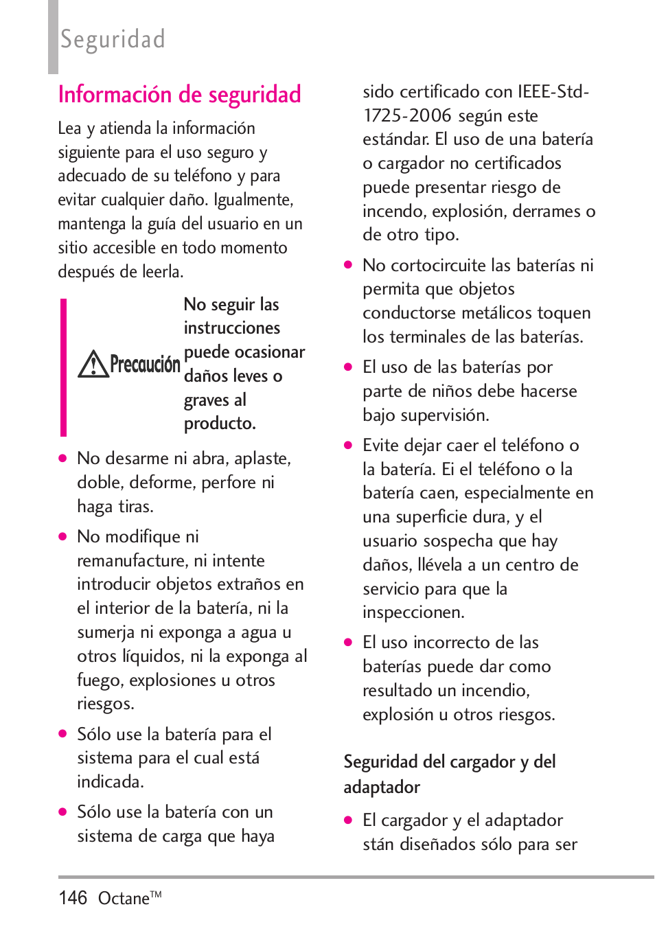 Información de seguridad, Seguridad del cargador y del, Seguridad del cargador y del adaptador | Seguridad | LG Octane VN530 User Manual | Page 312 / 345