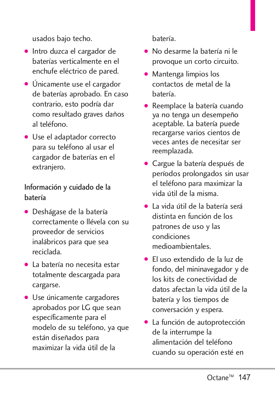 Información y cuidado de la, Información y cuidado de la batería147, Información y cuidado de la batería | Octane, 147 usados bajo techo | LG Octane VN530 User Manual | Page 313 / 345