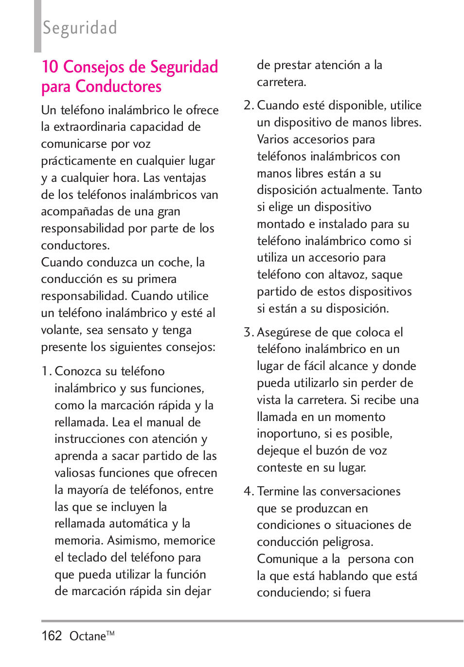 10 consejos de seguridad pa, 10 consejos de seguridad para conductores, Seguridad | LG Octane VN530 User Manual | Page 328 / 345