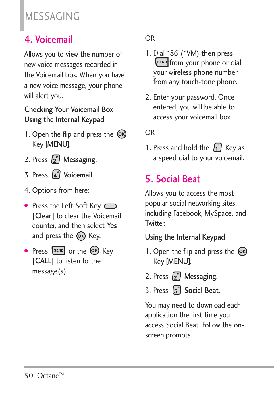 Voicemail, Social beat, Voicemail 5. social beat | Messaging | LG Octane VN530 User Manual | Page 52 / 345