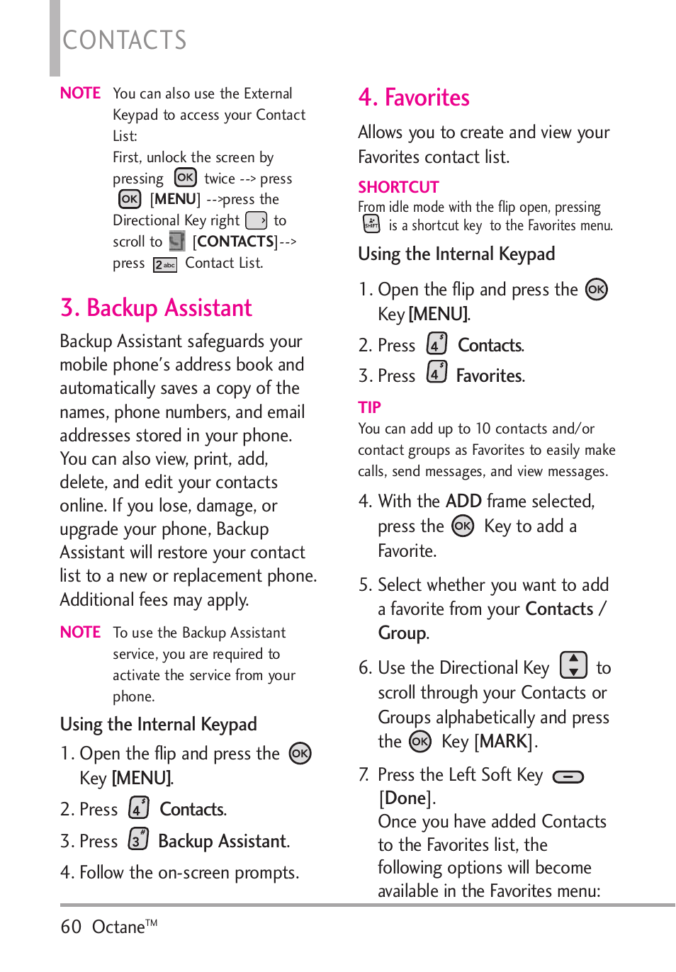 Backup assistant, Favorites, Backup assistant 4. favorites | Contacts | LG Octane VN530 User Manual | Page 62 / 345
