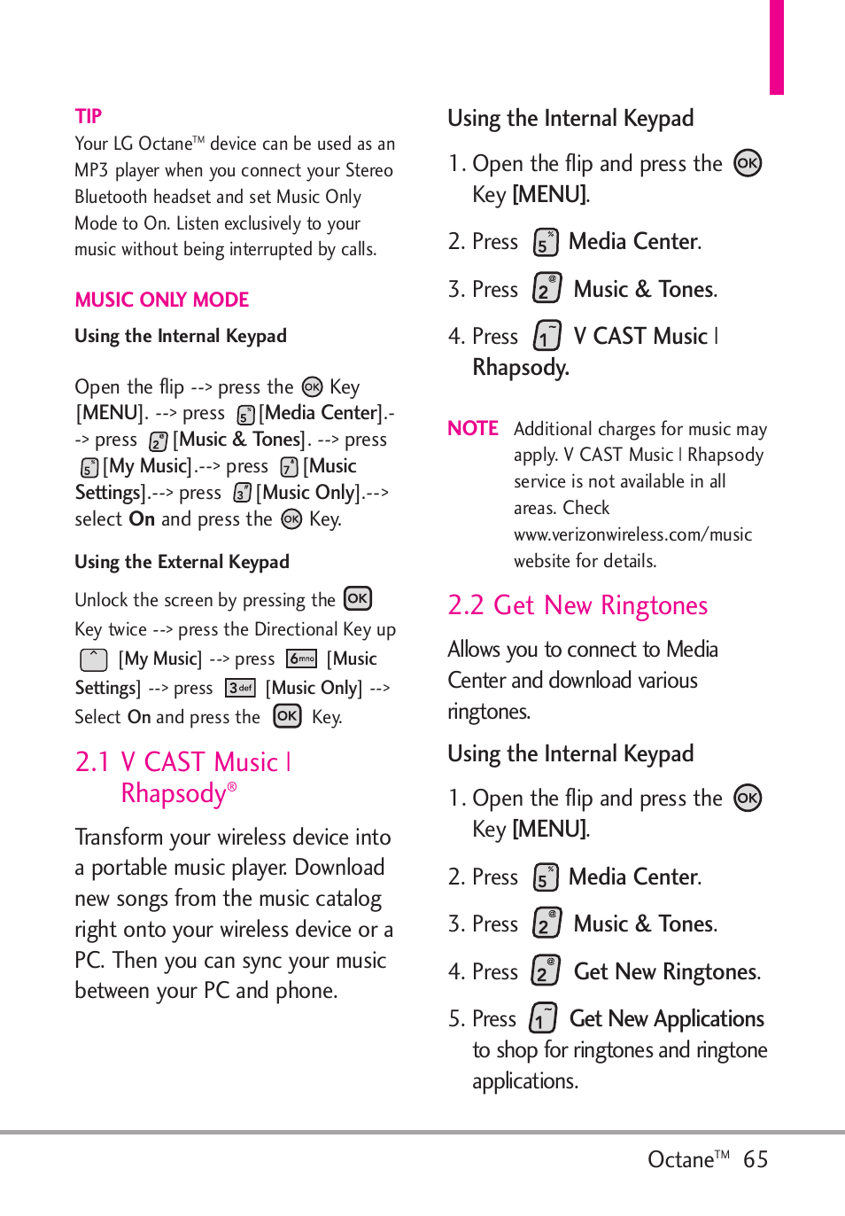 1 v cast music | rhapsody, 2 get new ringtones | LG Octane VN530 User Manual | Page 67 / 345