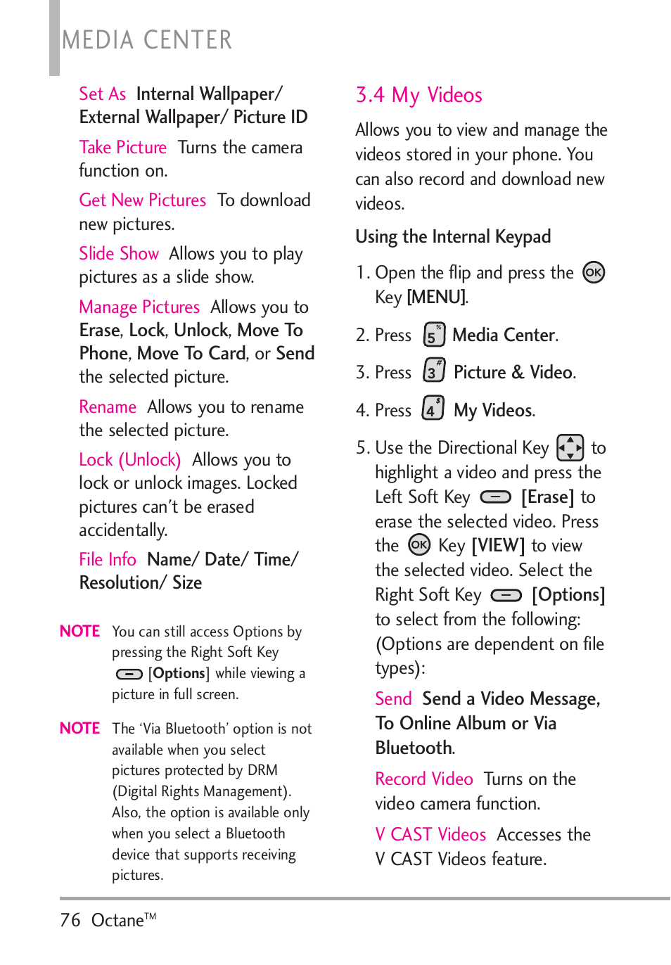 4 my videos, Media center | LG Octane VN530 User Manual | Page 78 / 345