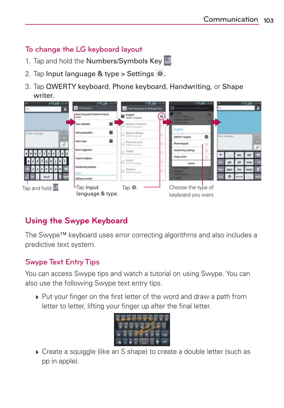 6tjohuif4xzqf,fzcpbse, Communication to change the lg keyboard layout, Swype text entry tips | LG LGVS840PP User Manual | Page 105 / 206