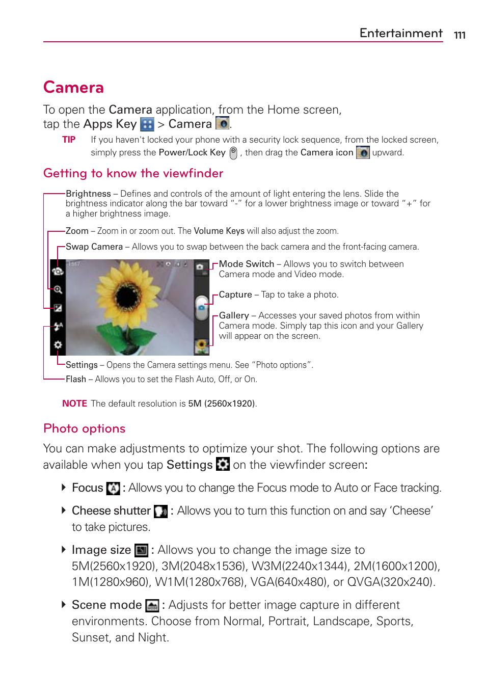 Entertainment, Camera, Getting to know the viewﬁnder | Photo options | LG LGVS840PP User Manual | Page 113 / 206