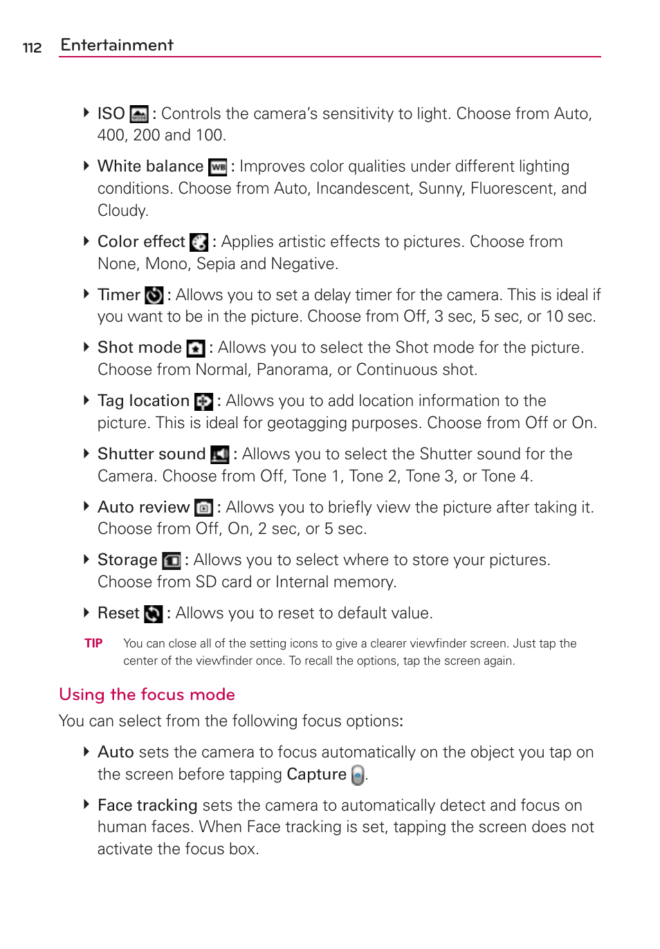 Entertainment, Using the focus mode | LG LGVS840PP User Manual | Page 114 / 206