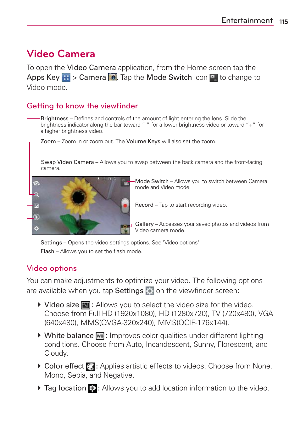 Video camera, Entertainment, Getting to know the viewﬁnder | Video options | LG LGVS840PP User Manual | Page 117 / 206