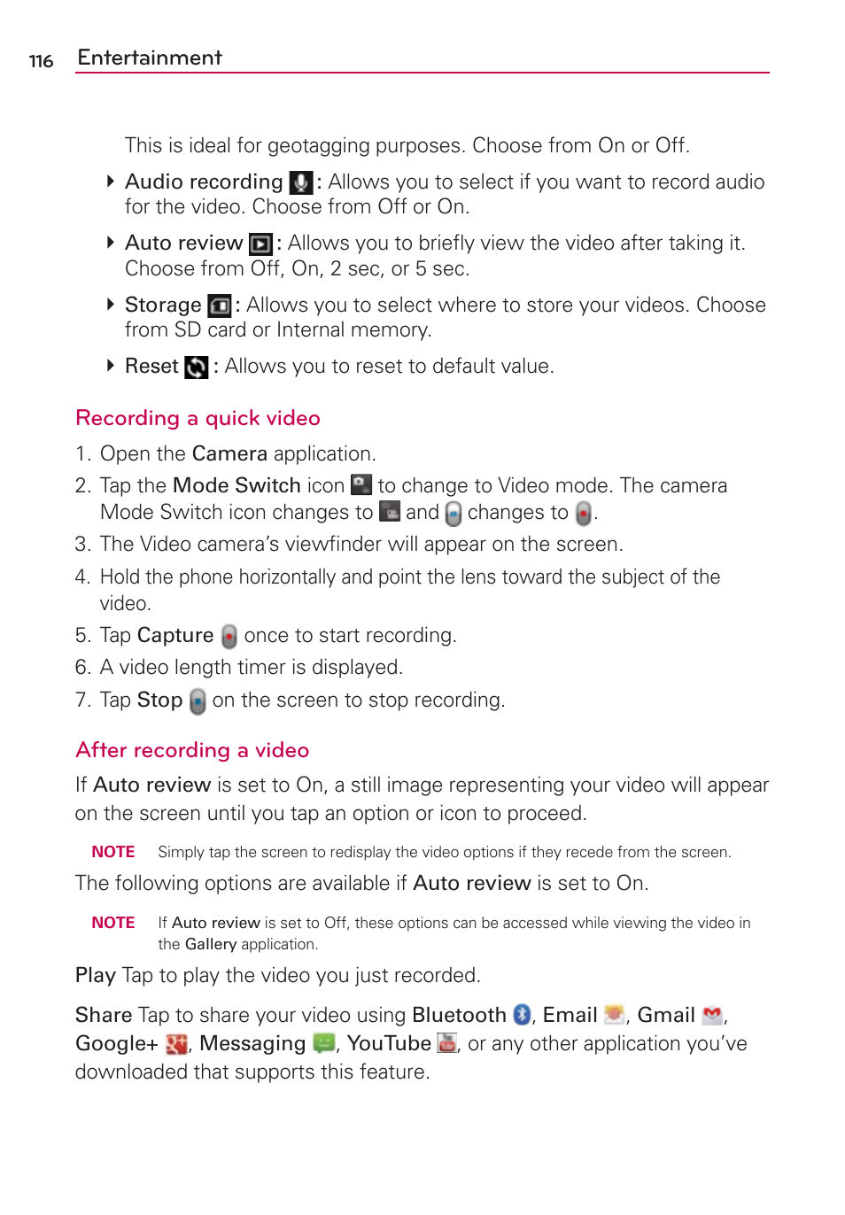 Entertainment, Recording a quick video, After recording a video | LG LGVS840PP User Manual | Page 118 / 206