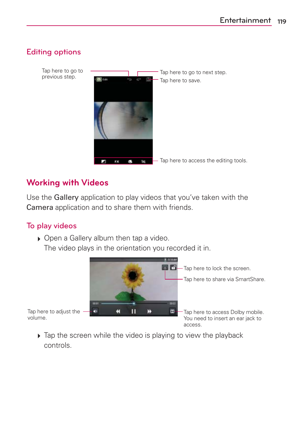 Working with videos, Entertainment editing options | LG LGVS840PP User Manual | Page 121 / 206