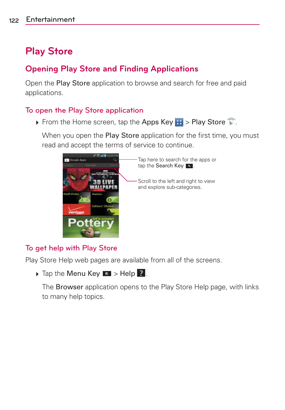 Play store, Opening play store and finding applications | LG LGVS840PP User Manual | Page 124 / 206