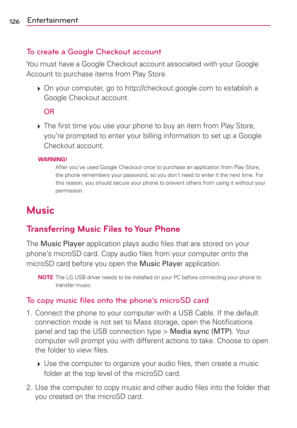 Music, Transferring music files to your phone, Entertainment to create a google checkout account | LG LGVS840PP User Manual | Page 128 / 206