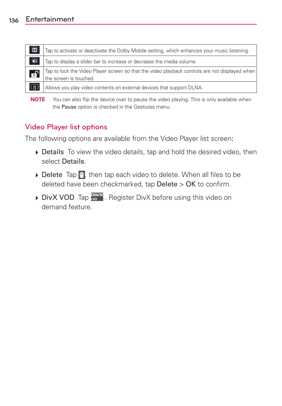 Entertainment, Video player list options | LG LGVS840PP User Manual | Page 138 / 206