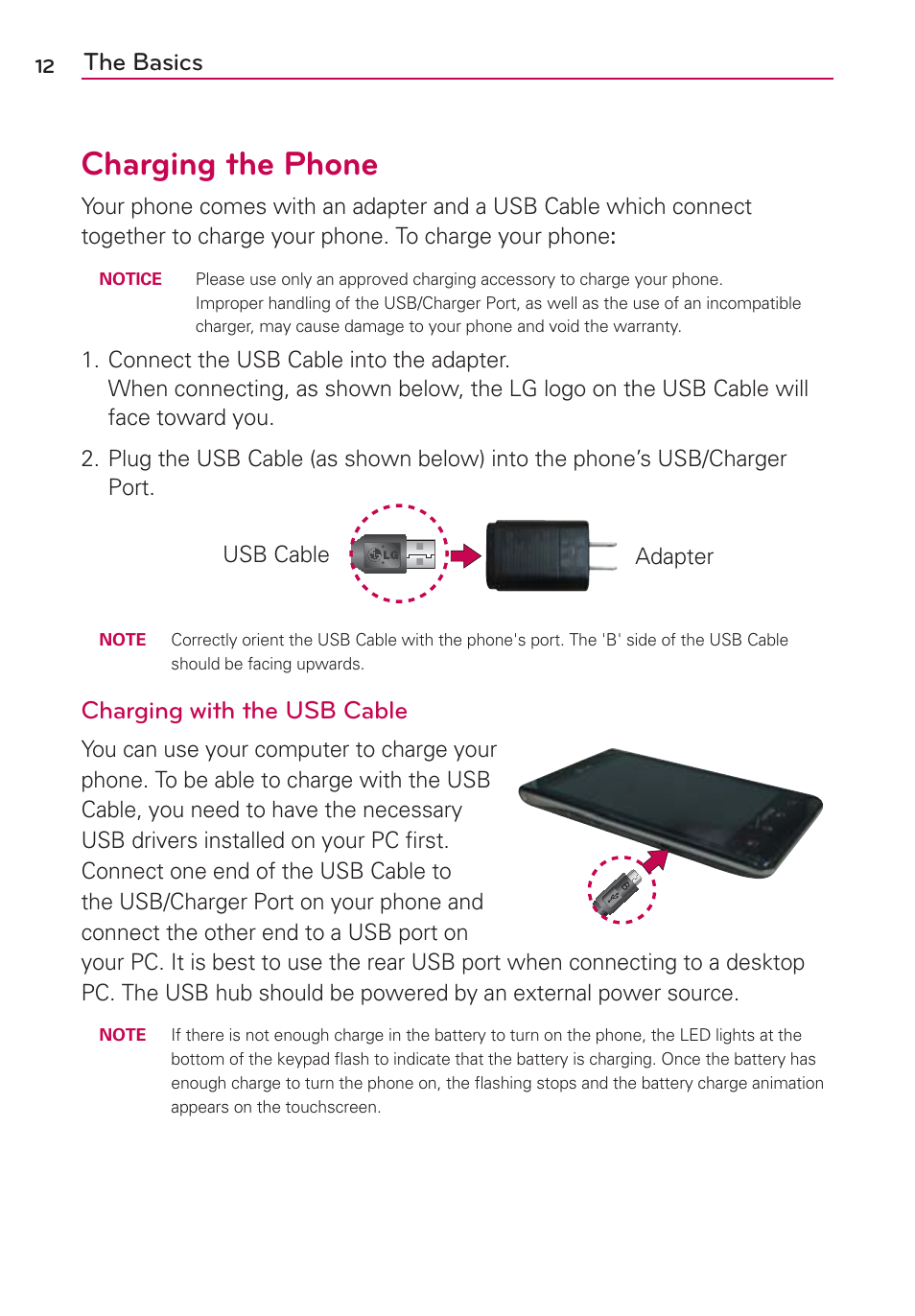 Charging the phone, The basics, Charging with the usb cable | LG LGVS840PP User Manual | Page 14 / 206