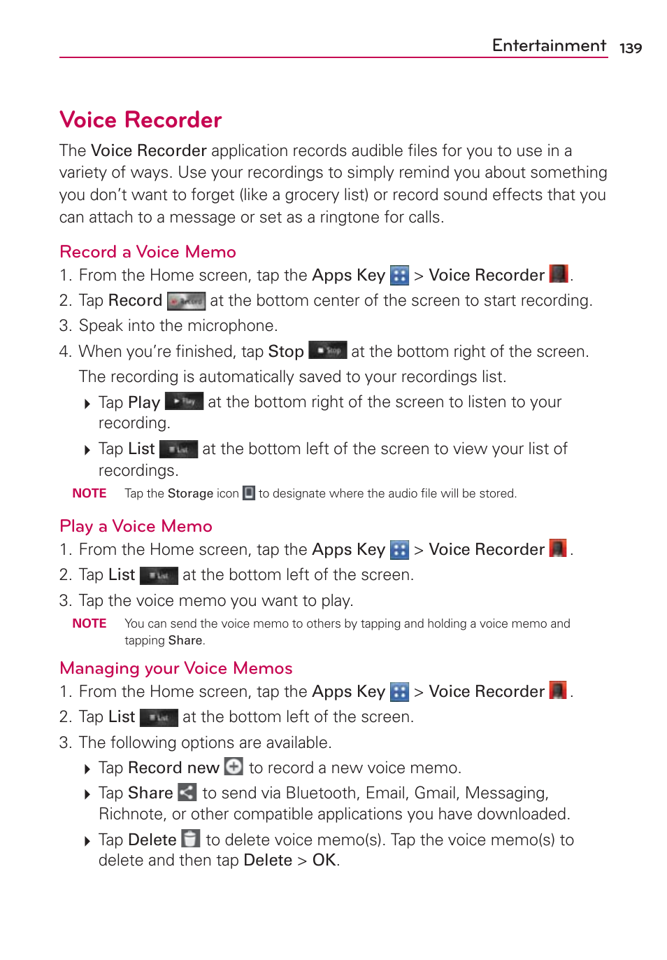 Voice recorder, Entertainment | LG LGVS840PP User Manual | Page 141 / 206