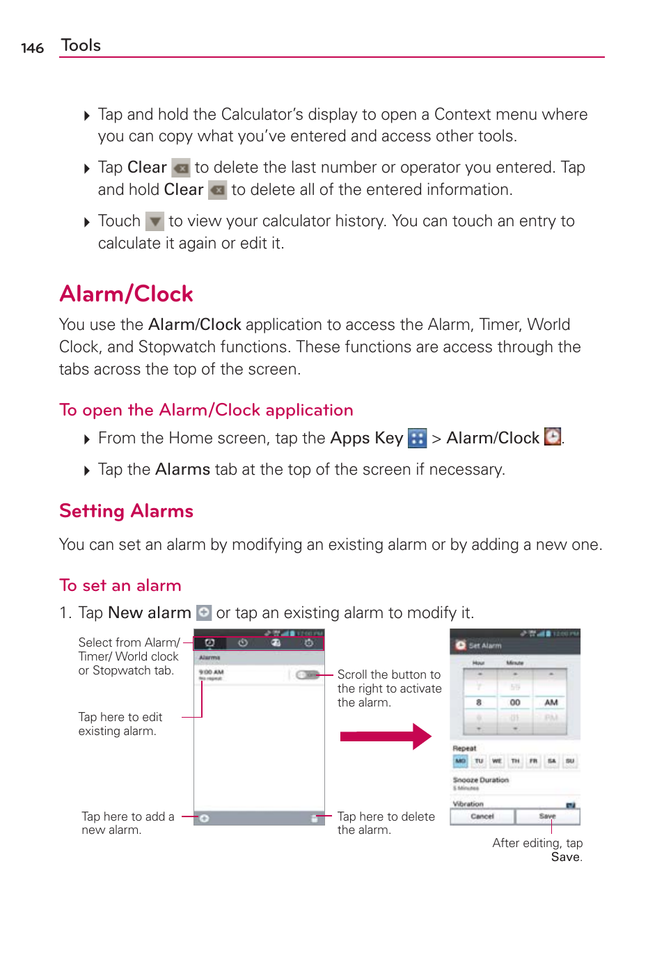 Alarm/clock, Setting alarms | LG LGVS840PP User Manual | Page 148 / 206