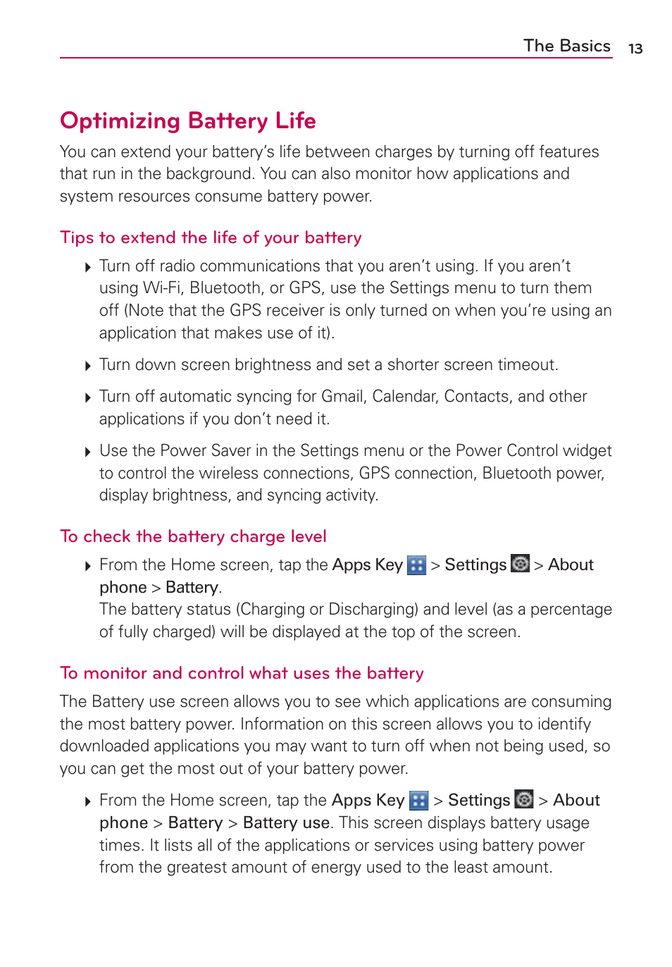 Optimizing battery life | LG LGVS840PP User Manual | Page 15 / 206