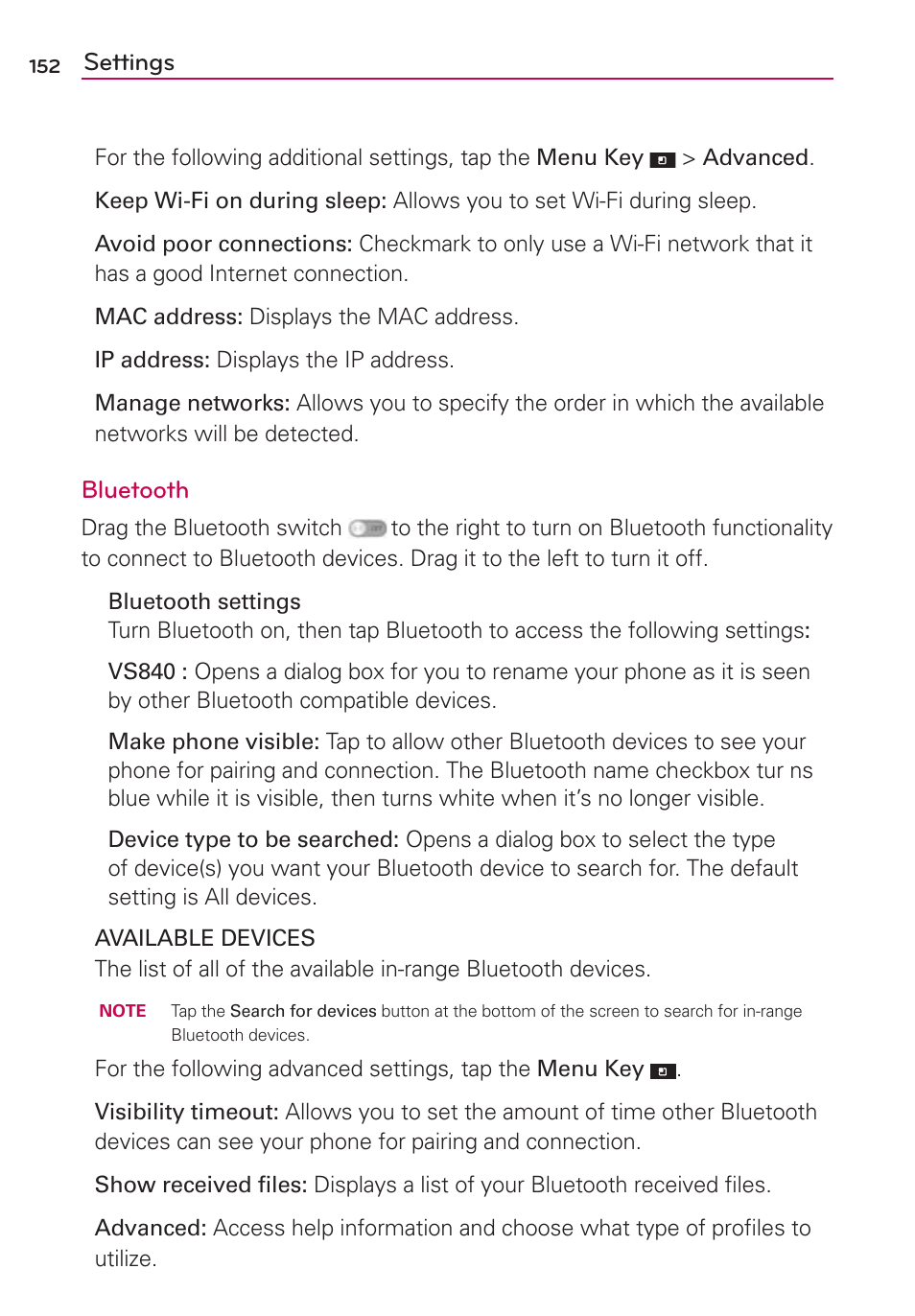 Settings, Bluetooth | LG LGVS840PP User Manual | Page 154 / 206