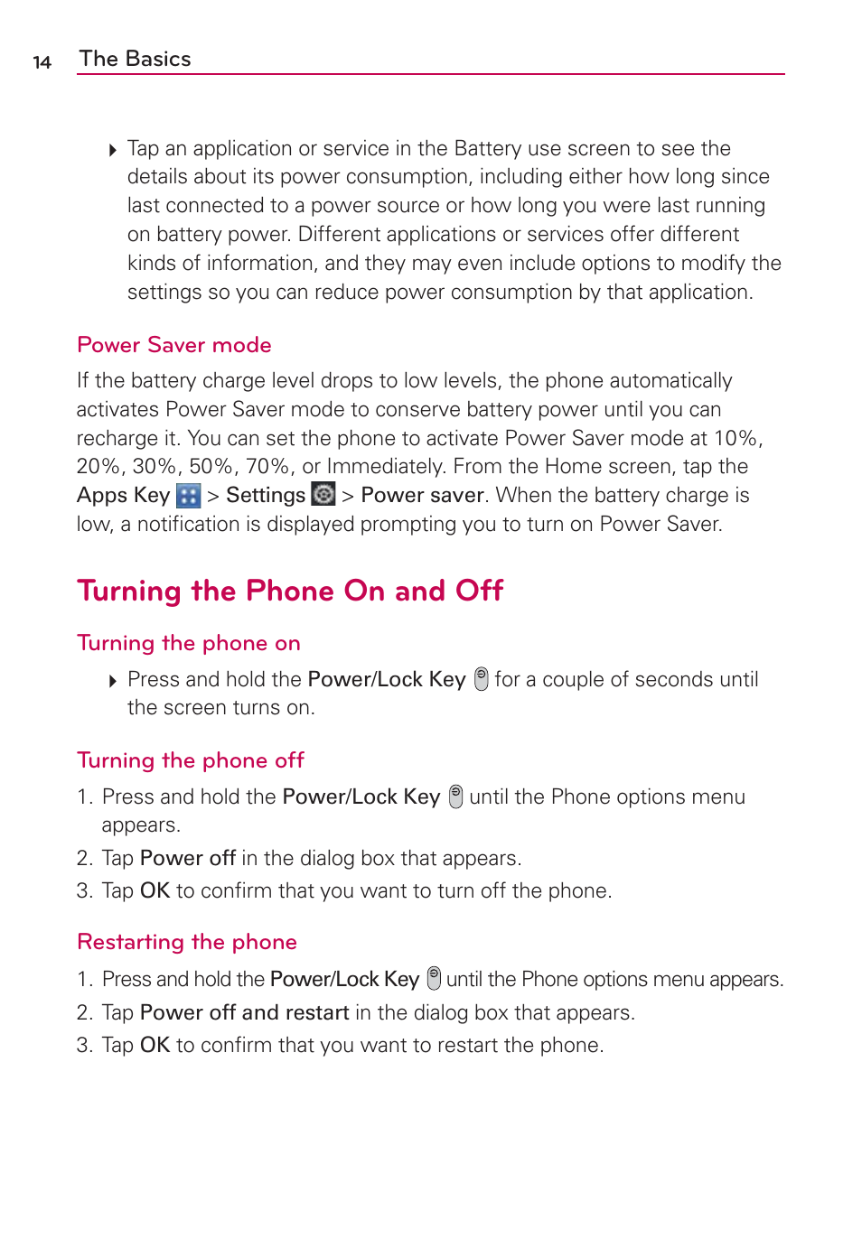 Turning the phone on and off | LG LGVS840PP User Manual | Page 16 / 206