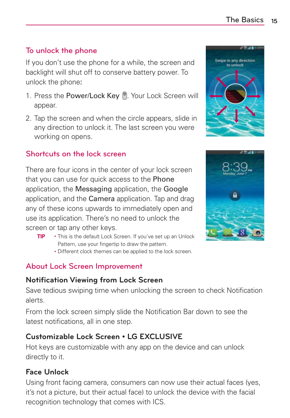 The basics to unlock the phone, Shortcuts on the lock screen, Face unlock | LG LGVS840PP User Manual | Page 17 / 206