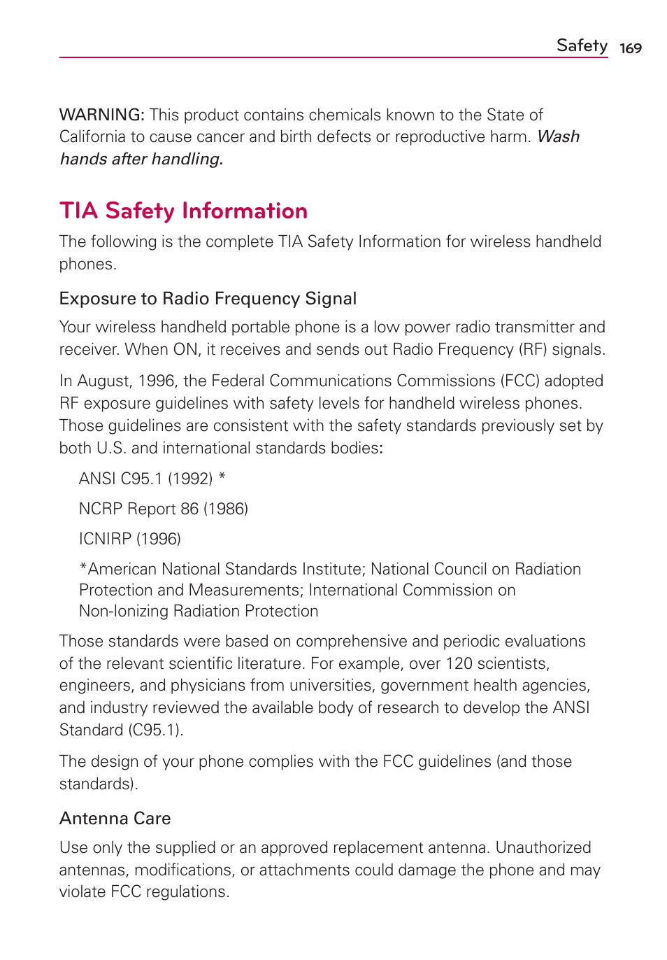Safety, Tia safety information | LG LGVS840PP User Manual | Page 171 / 206