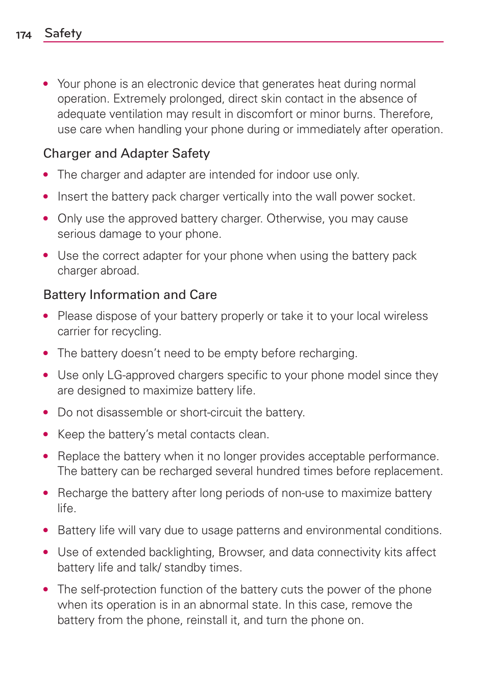 Safety, Charger and adapter safety, Battery information and care | Do not disassemble or short-circuit the battery, Keep the battery’s metal contacts clean | LG LGVS840PP User Manual | Page 176 / 206