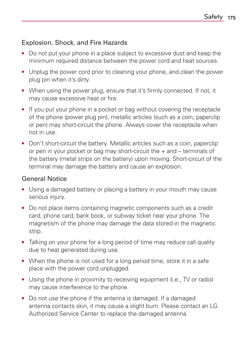 Safety, Explosion, shock, and fire hazards, General notice | LG LGVS840PP User Manual | Page 177 / 206