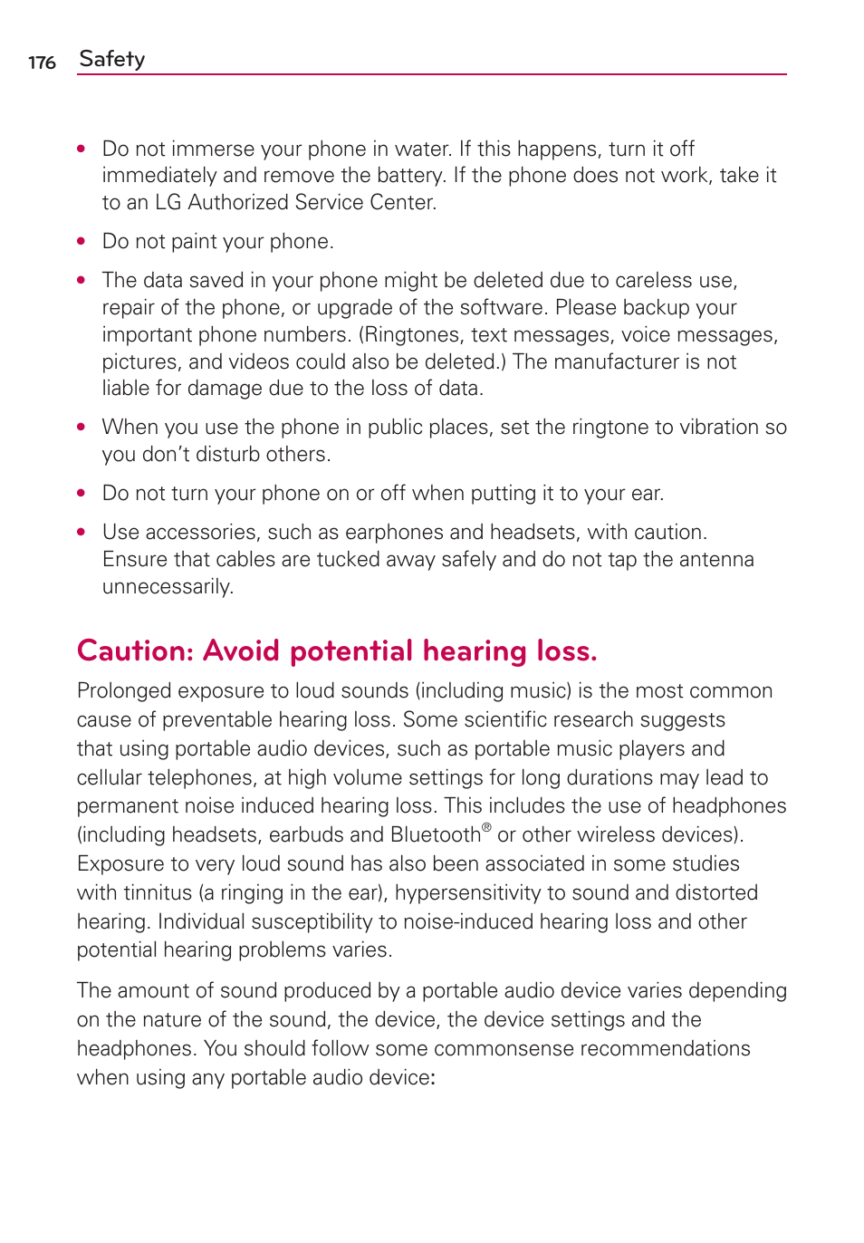 Caution: avoid potential hearing loss, Safety | LG LGVS840PP User Manual | Page 178 / 206
