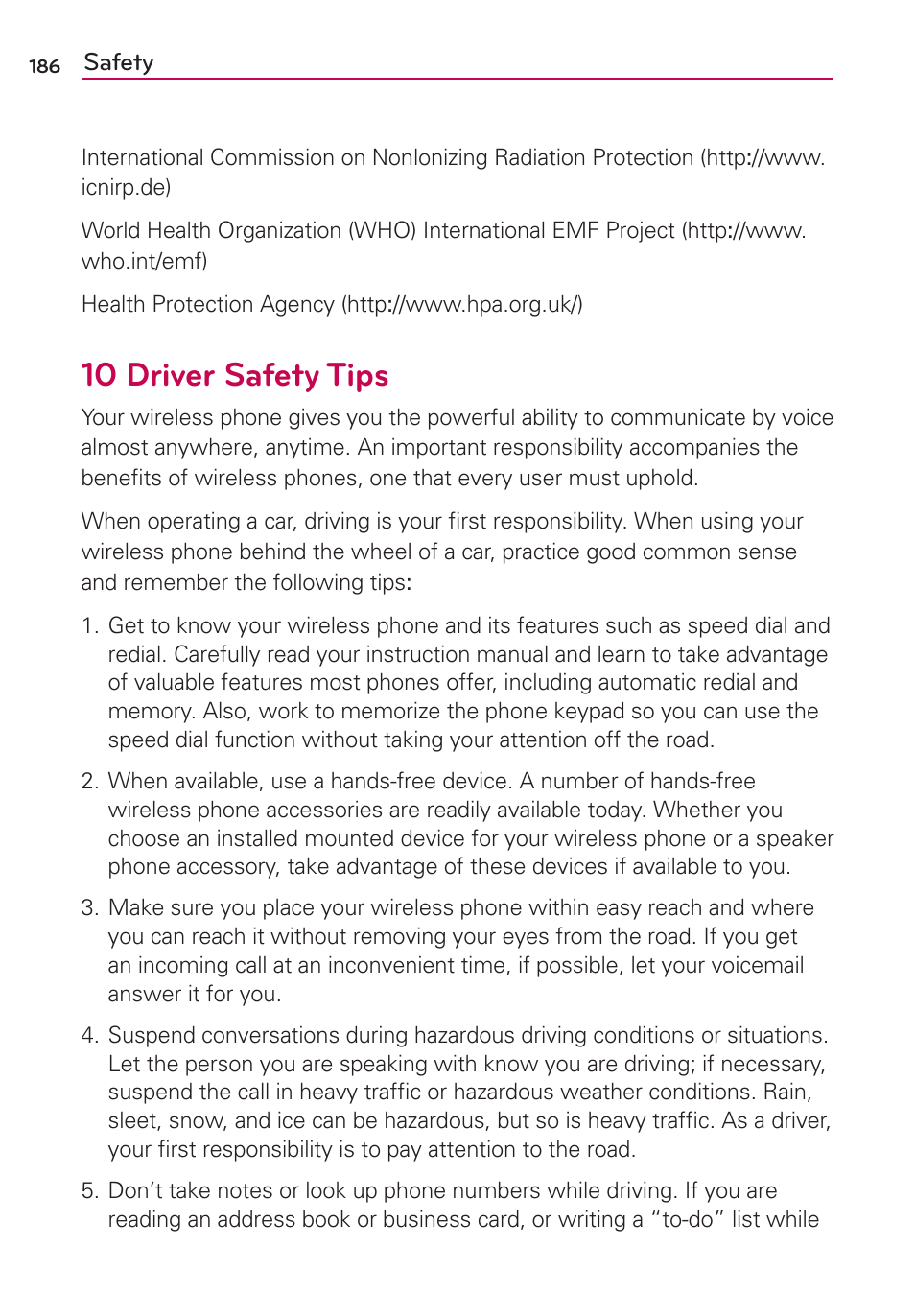 10 driver safety tips | LG LGVS840PP User Manual | Page 188 / 206