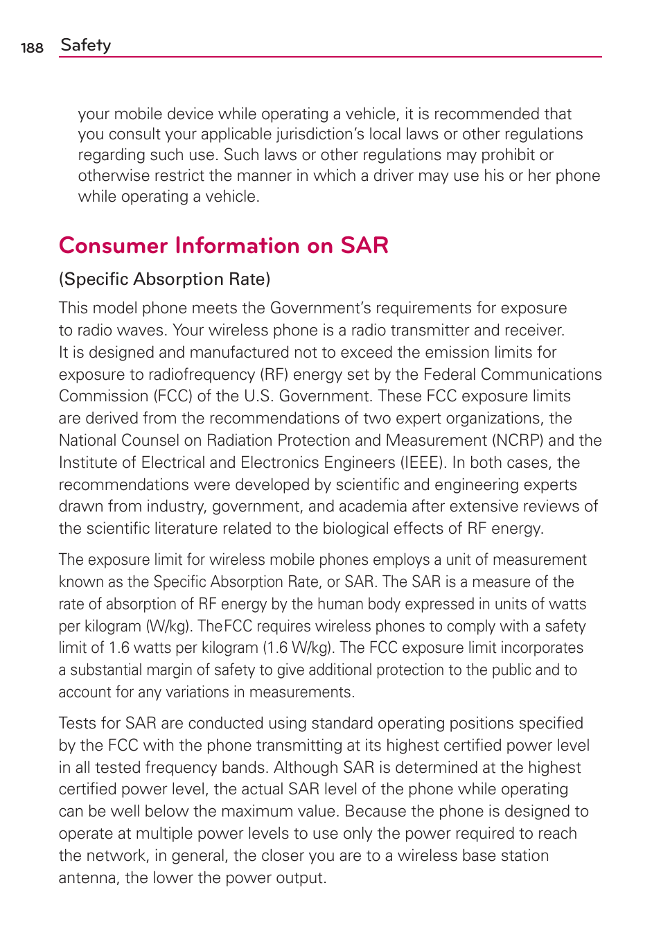 Consumer information on sar | LG LGVS840PP User Manual | Page 190 / 206