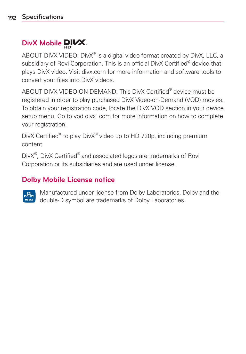 Specifications, Speciﬁcations, Jw9.pcjmf | Dolby mobile license notice | LG LGVS840PP User Manual | Page 194 / 206