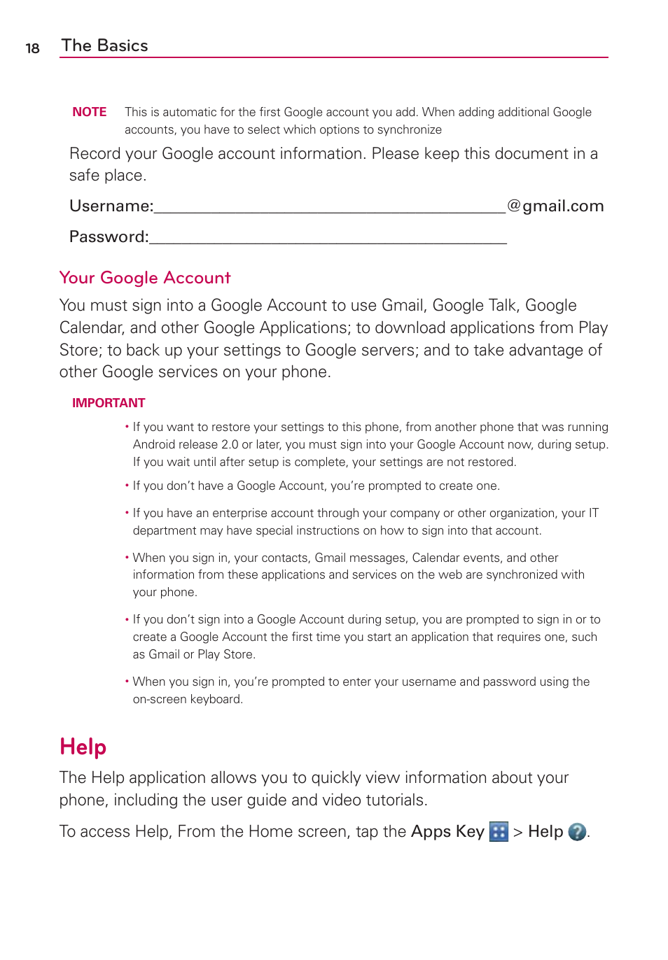 Help, The basics, Your google account | LG LGVS840PP User Manual | Page 20 / 206