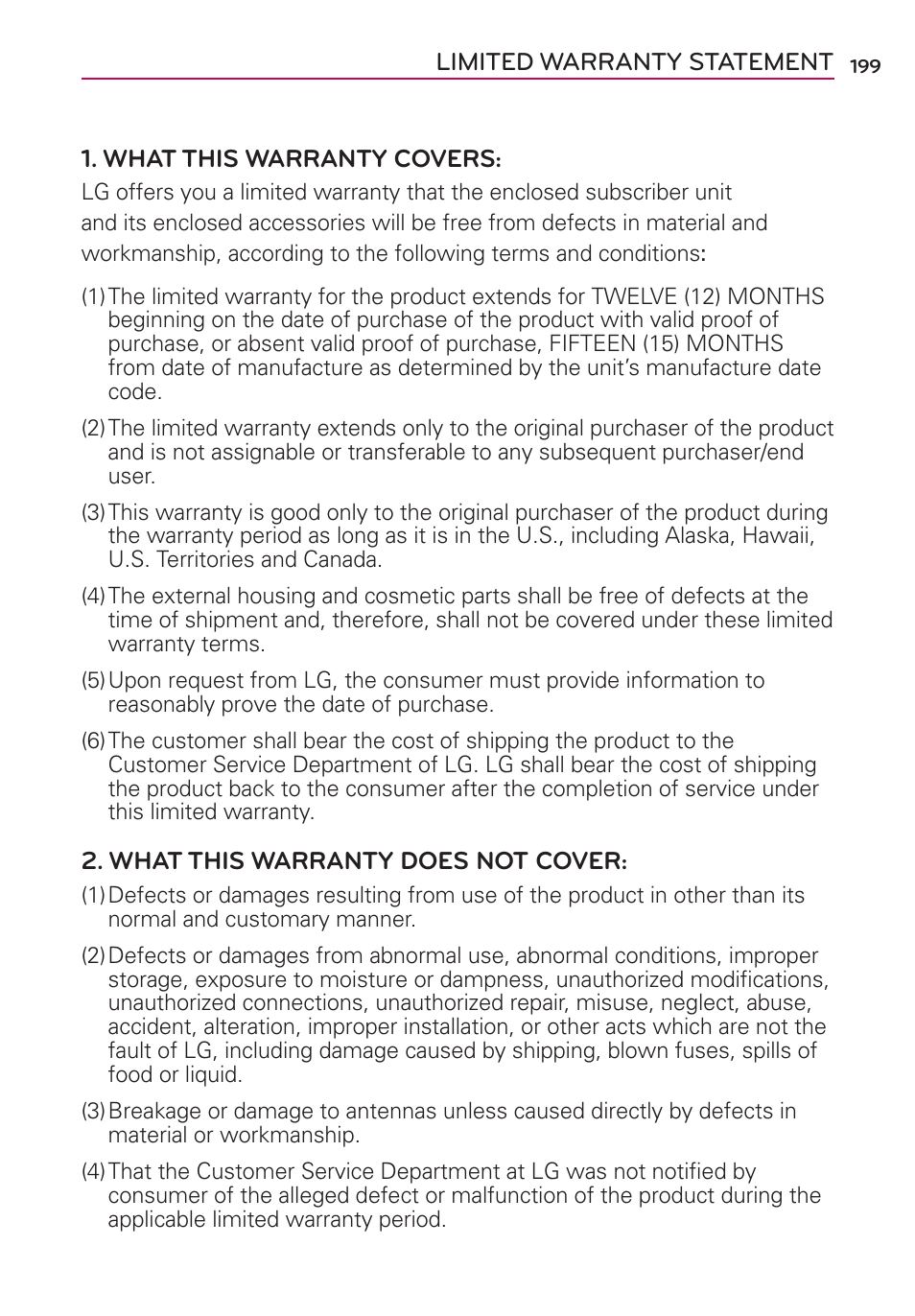 Limited warranty statement | LG LGVS840PP User Manual | Page 201 / 206