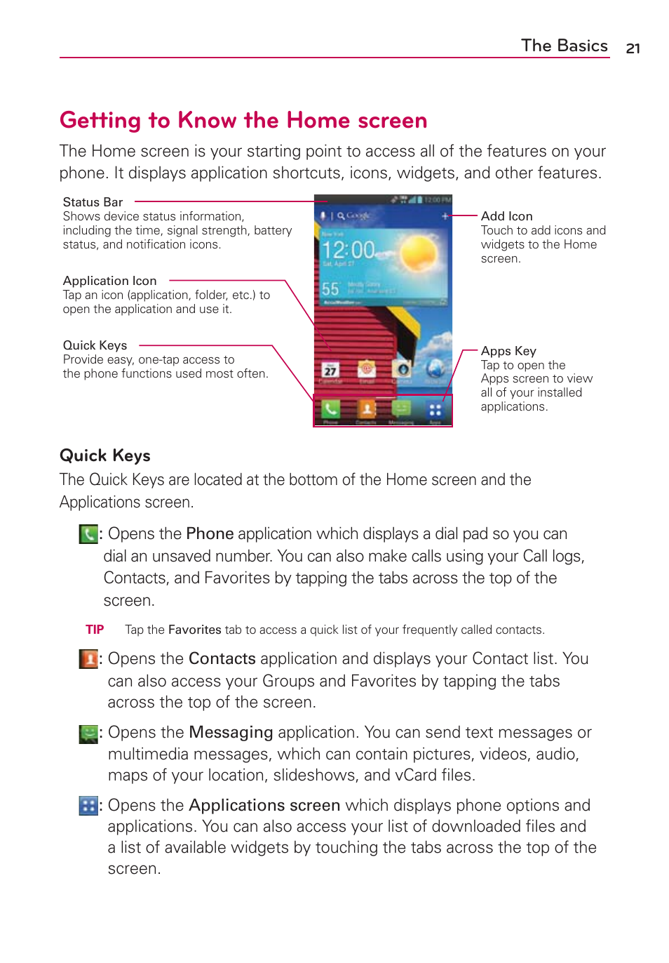 Getting to know the home screen, Fuujohup,opxuif)pnftdsffo, The basics | 2vjdl,fzt | LG LGVS840PP User Manual | Page 23 / 206