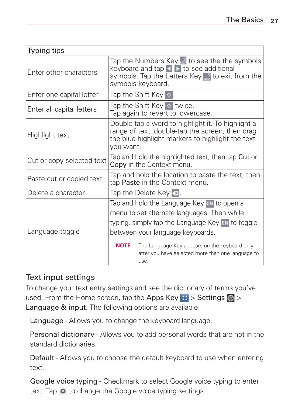 The basics, Text input settings | LG LGVS840PP User Manual | Page 29 / 206