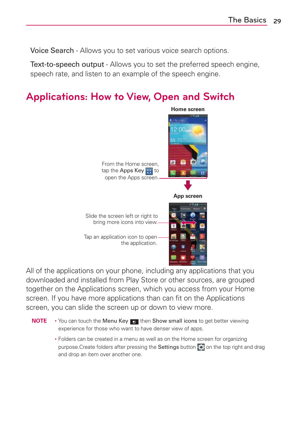 Applications: how to view, open and switch, The basics | LG LGVS840PP User Manual | Page 31 / 206