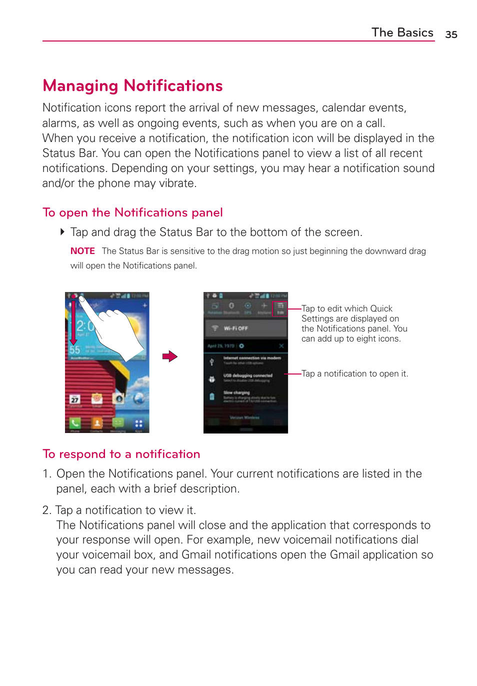 Managing notifications, Managing notiﬁcations | LG LGVS840PP User Manual | Page 37 / 206