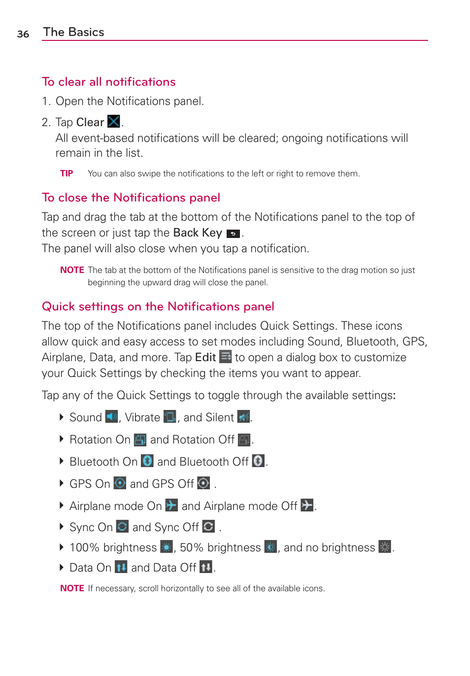 The basics to clear all notiﬁcations, Quick settings on the notiﬁcations panel | LG LGVS840PP User Manual | Page 38 / 206