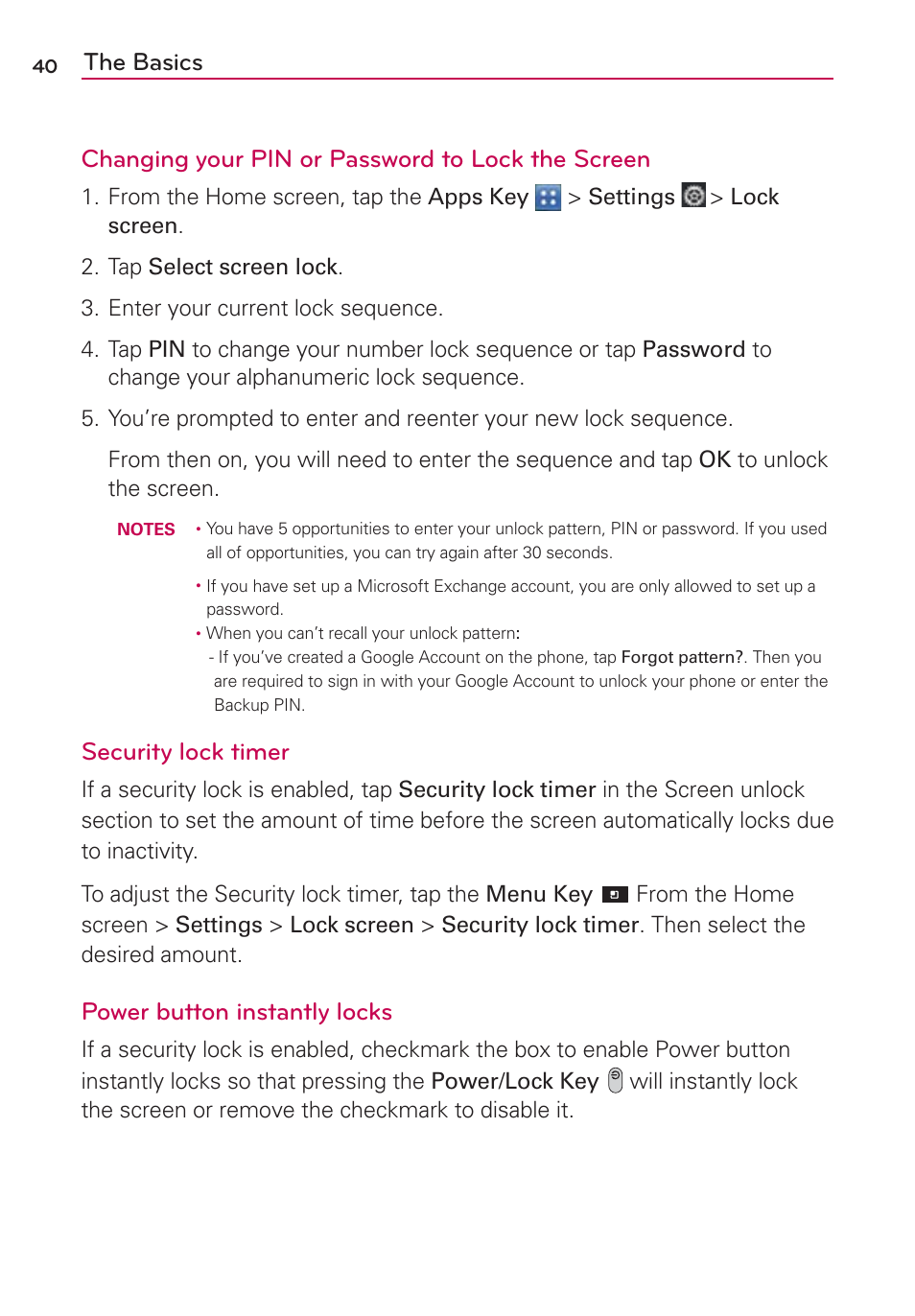 Security lock timer, Power button instantly locks | LG LGVS840PP User Manual | Page 42 / 206