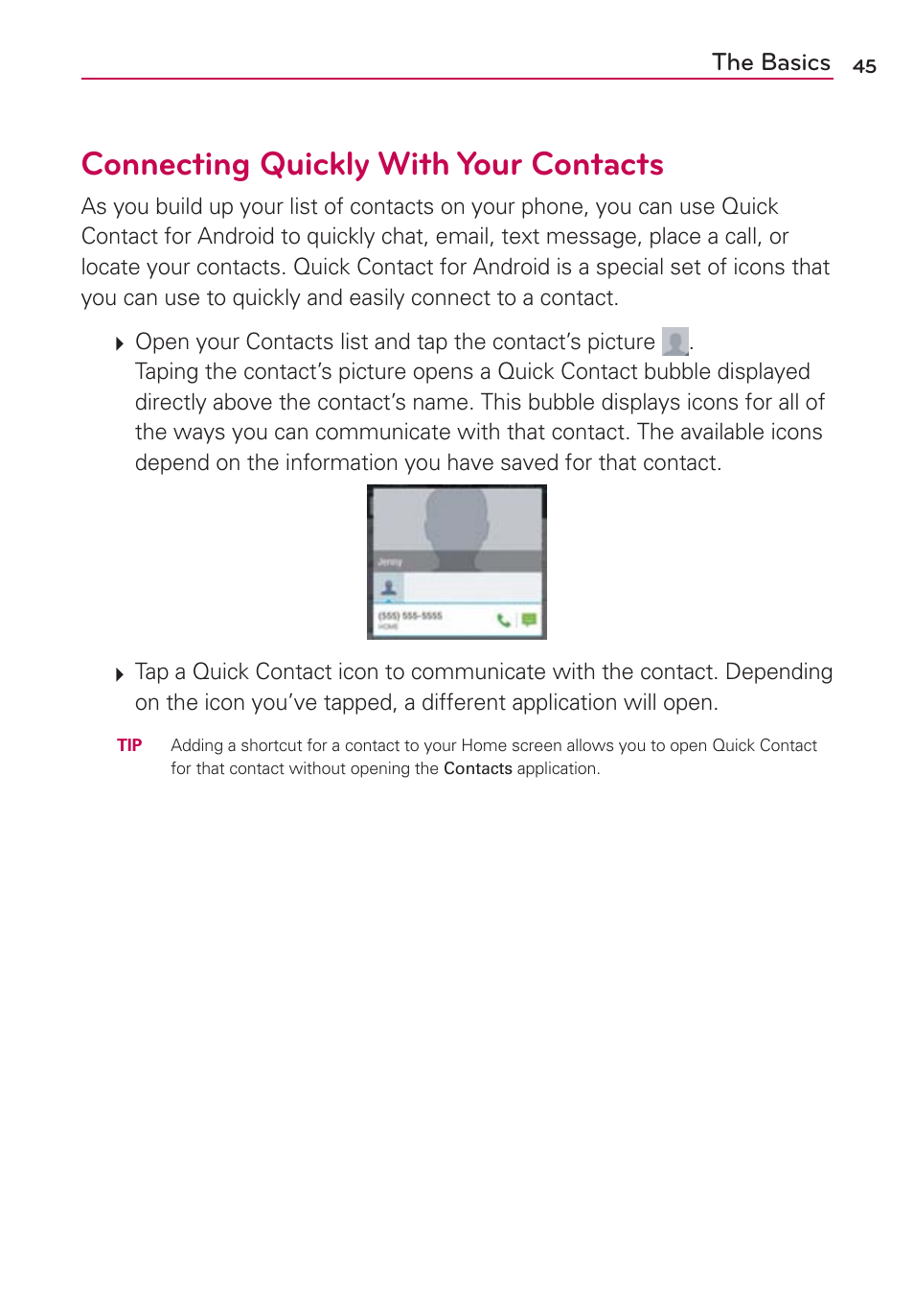 Connecting quickly with your contacts, The basics | LG LGVS840PP User Manual | Page 47 / 206