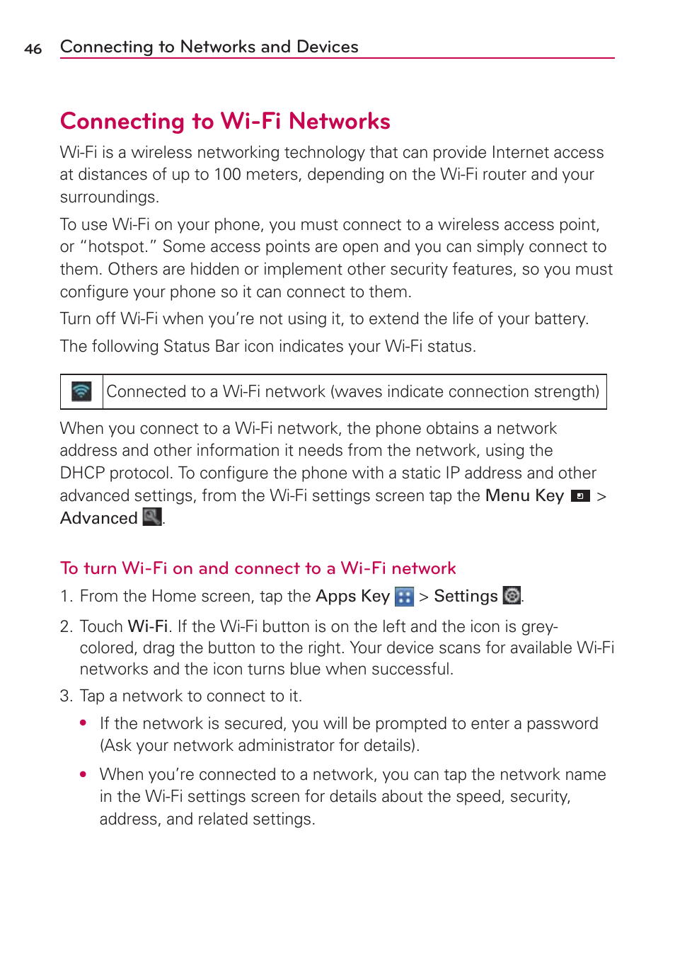 Connecting to networks and devices, Connecting to wi-fi networks | LG LGVS840PP User Manual | Page 48 / 206