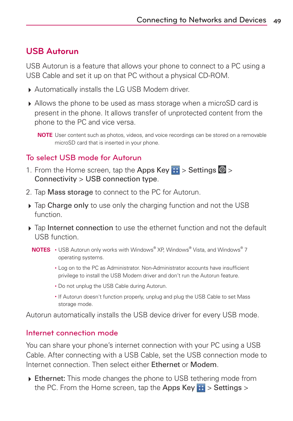 Usb autorun, Connecting to networks and devices, Internet connection mode | LG LGVS840PP User Manual | Page 51 / 206