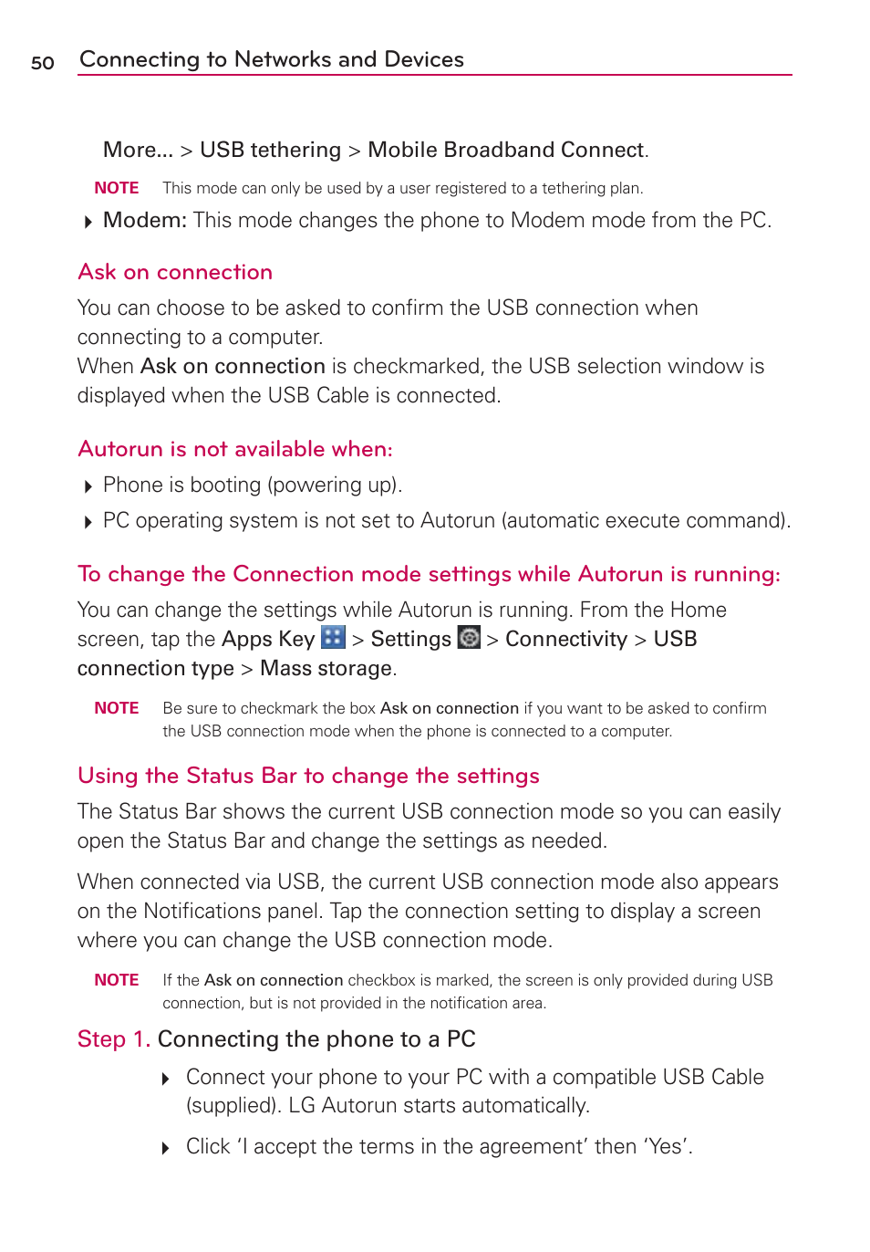 Connecting to networks and devices, Ask on connection, Autorun is not available when | Using the status bar to change the settings | LG LGVS840PP User Manual | Page 52 / 206