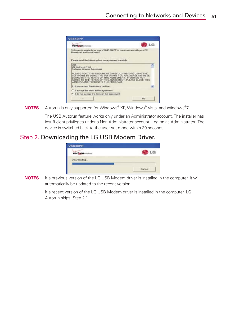 Connecting to networks and devices, Step 2. downloading the lg usb modem driver | LG LGVS840PP User Manual | Page 53 / 206