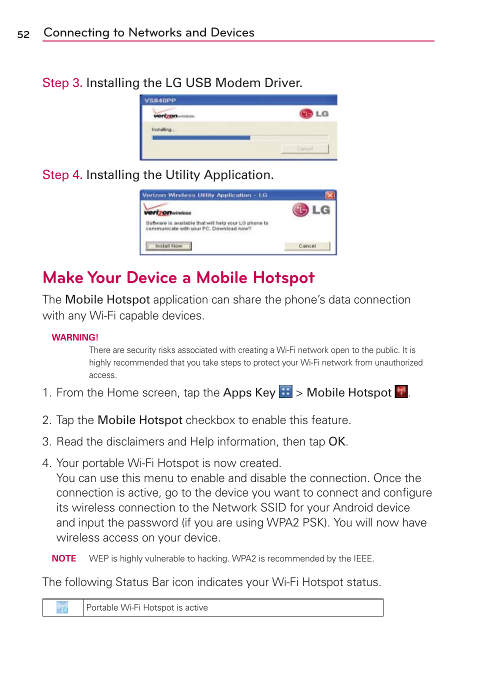 Make your device a mobile hotspot, Connecting to networks and devices | LG LGVS840PP User Manual | Page 54 / 206