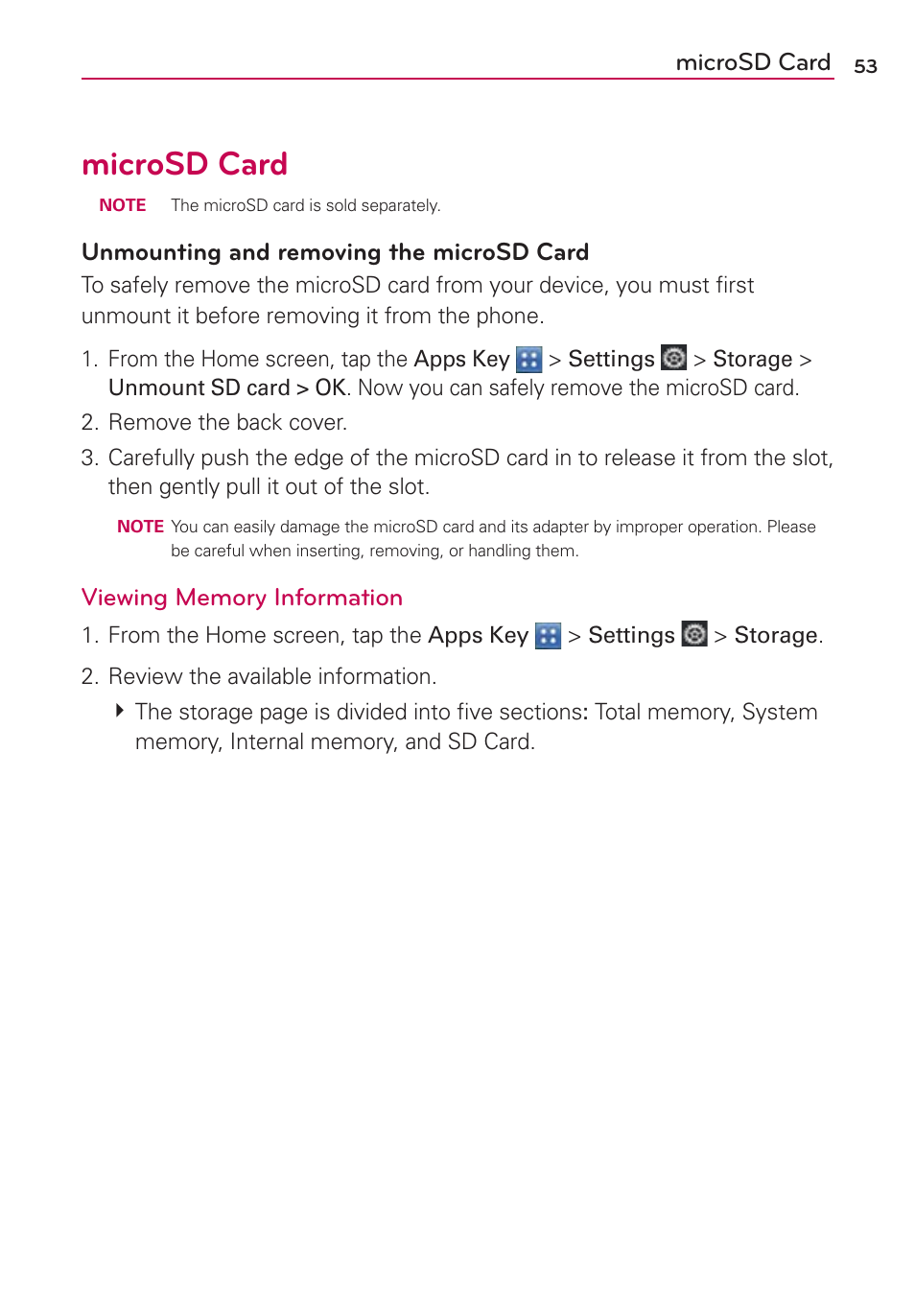 Microsd card, Unmounting and removing the microsd card | LG LGVS840PP User Manual | Page 55 / 206