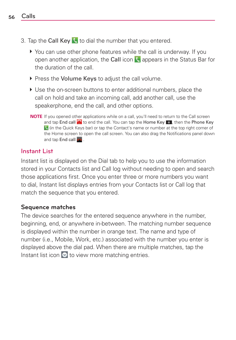 Calls, Instant list, Sequence matches | LG LGVS840PP User Manual | Page 58 / 206