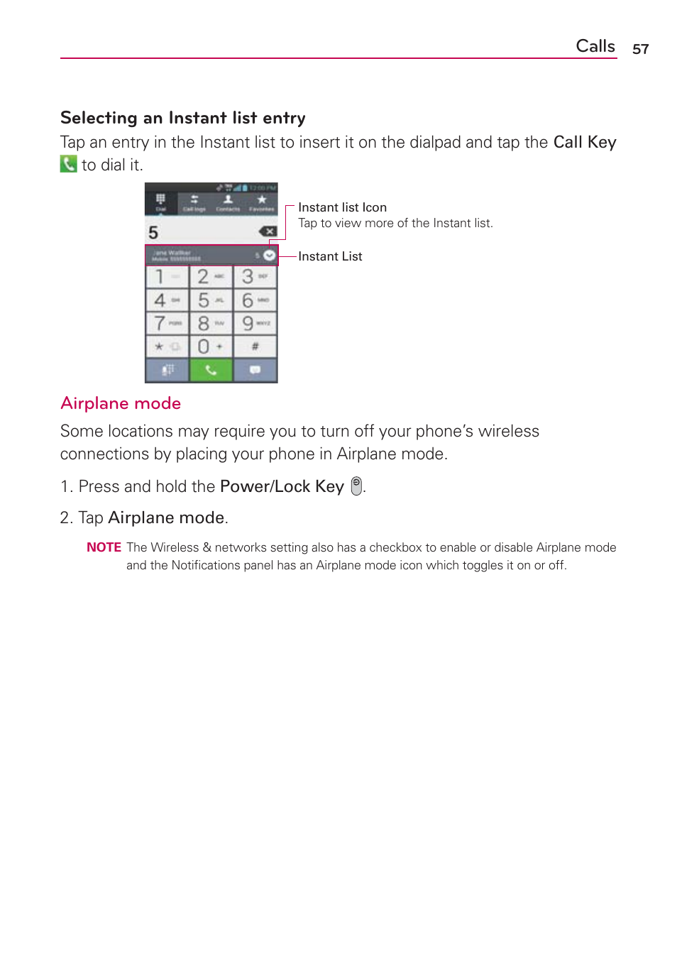 Calls selecting an instant list entry, Airplane mode | LG LGVS840PP User Manual | Page 59 / 206