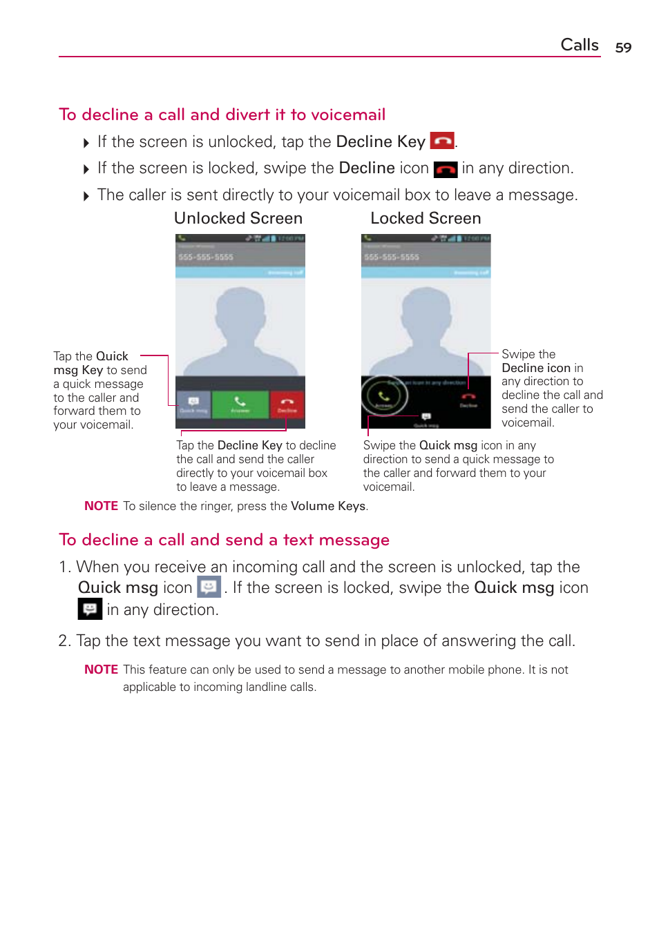 Calls to decline a call and divert it to voicemail | LG LGVS840PP User Manual | Page 61 / 206